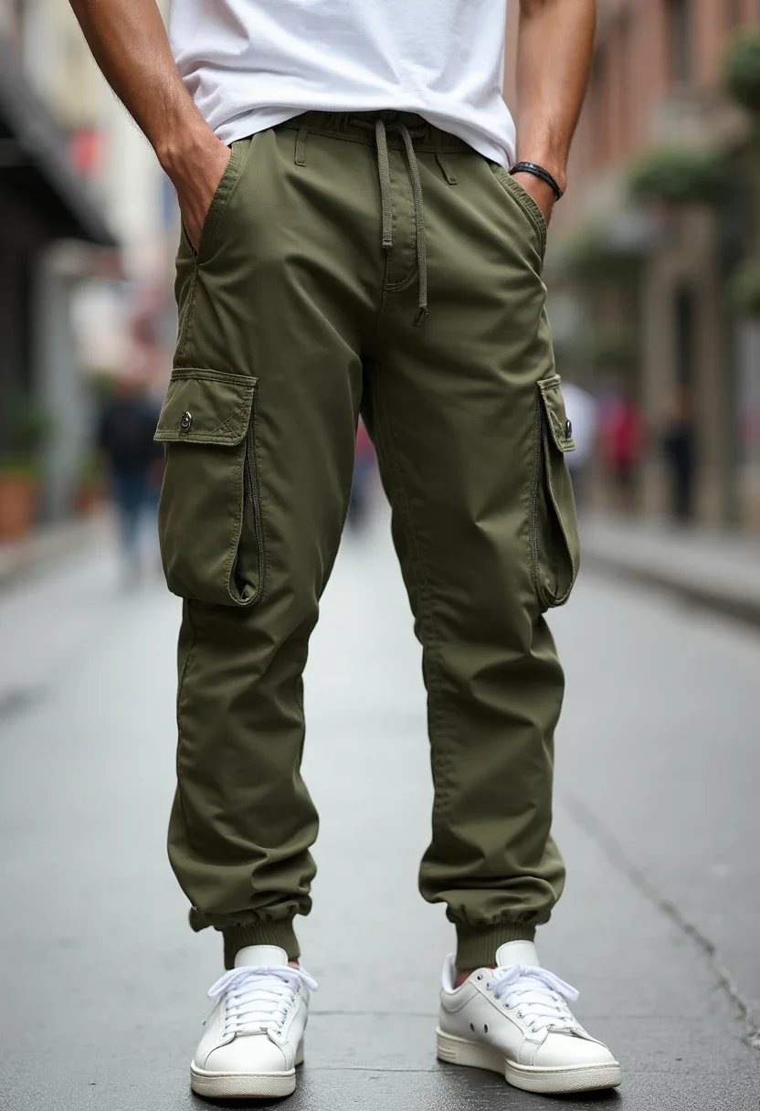 Person in olive cargo pants with a white t-shirt and sneakers.