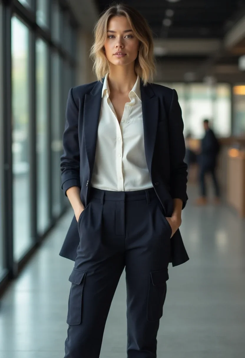 Model in black cargo pants with a white blouse and navy blazer.