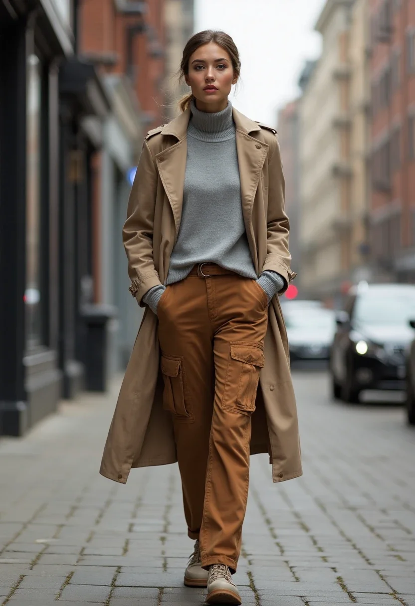 Person in brown cargo pants and trench coat walking in the city.
