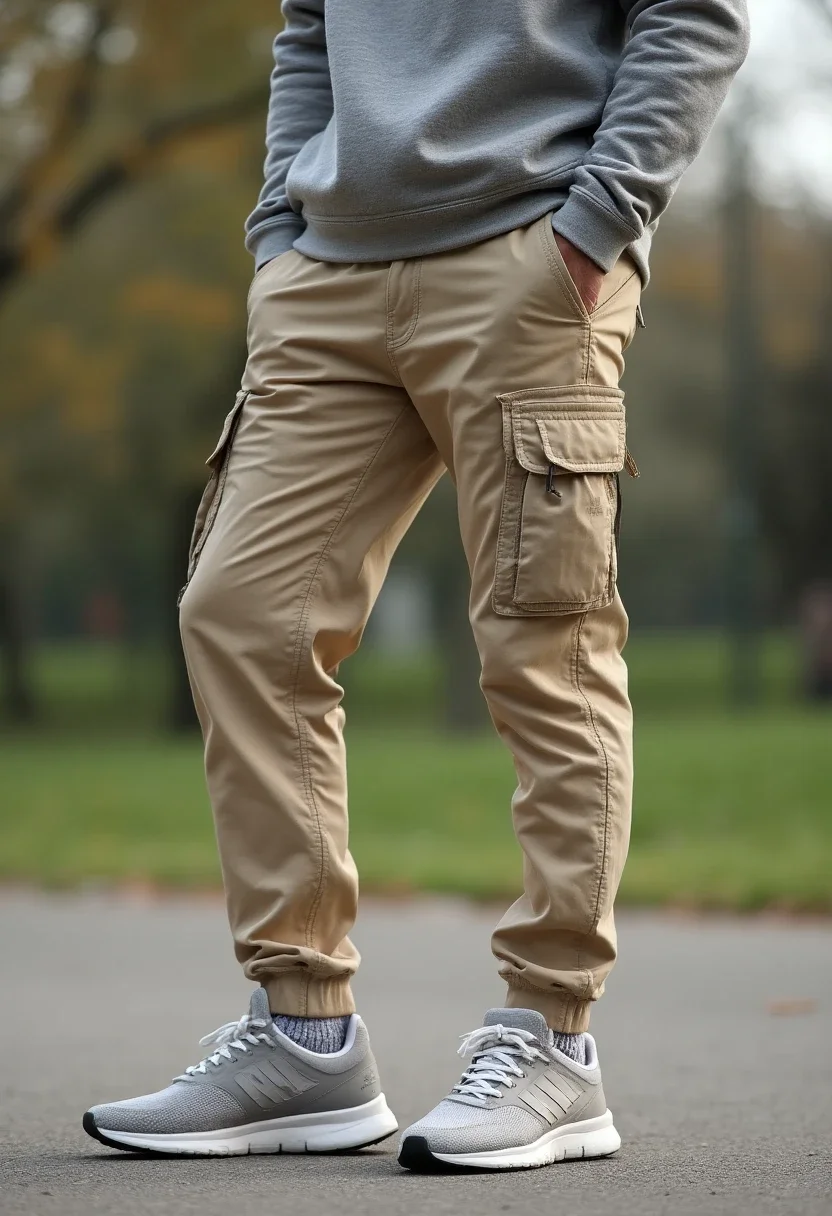 Individual in beige cargo pants with a gray hoodie and sneakers.