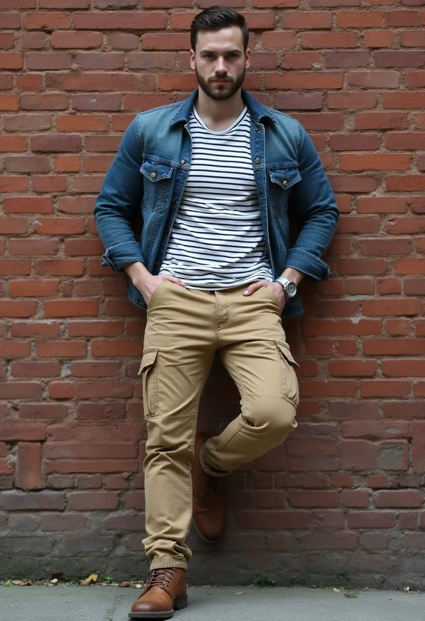 Individual in khaki cargo pants with a striped tee and denim jacket.