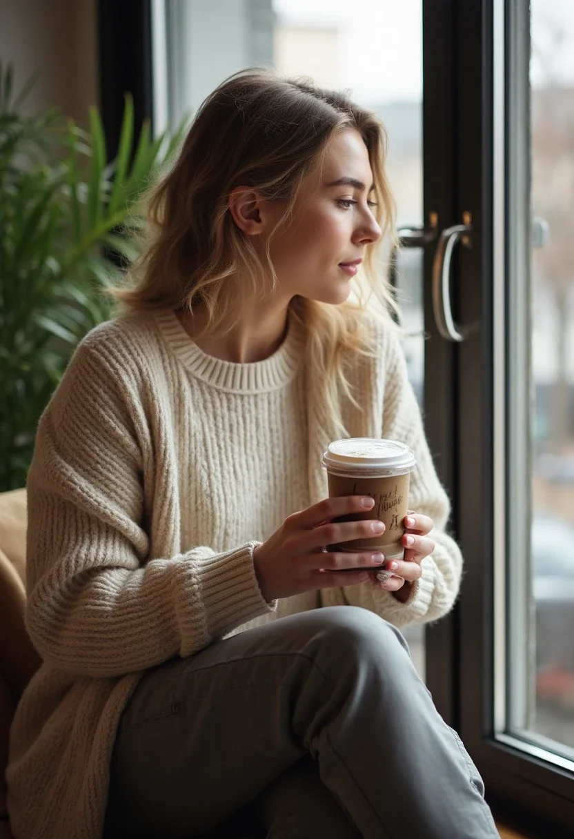 Individual in gray cargo pants with a cream sweater and cardigan.