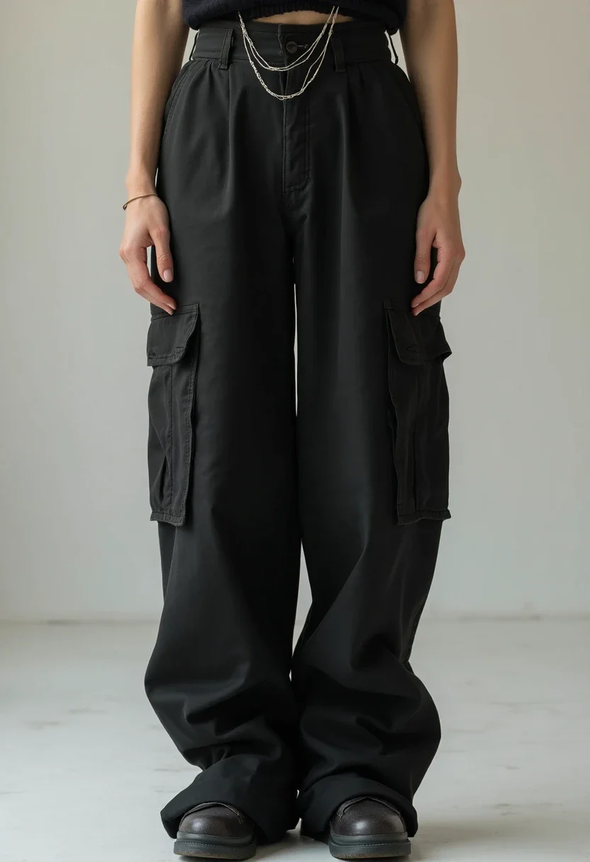 Person in all-black cargo pants and top with a silver necklace.