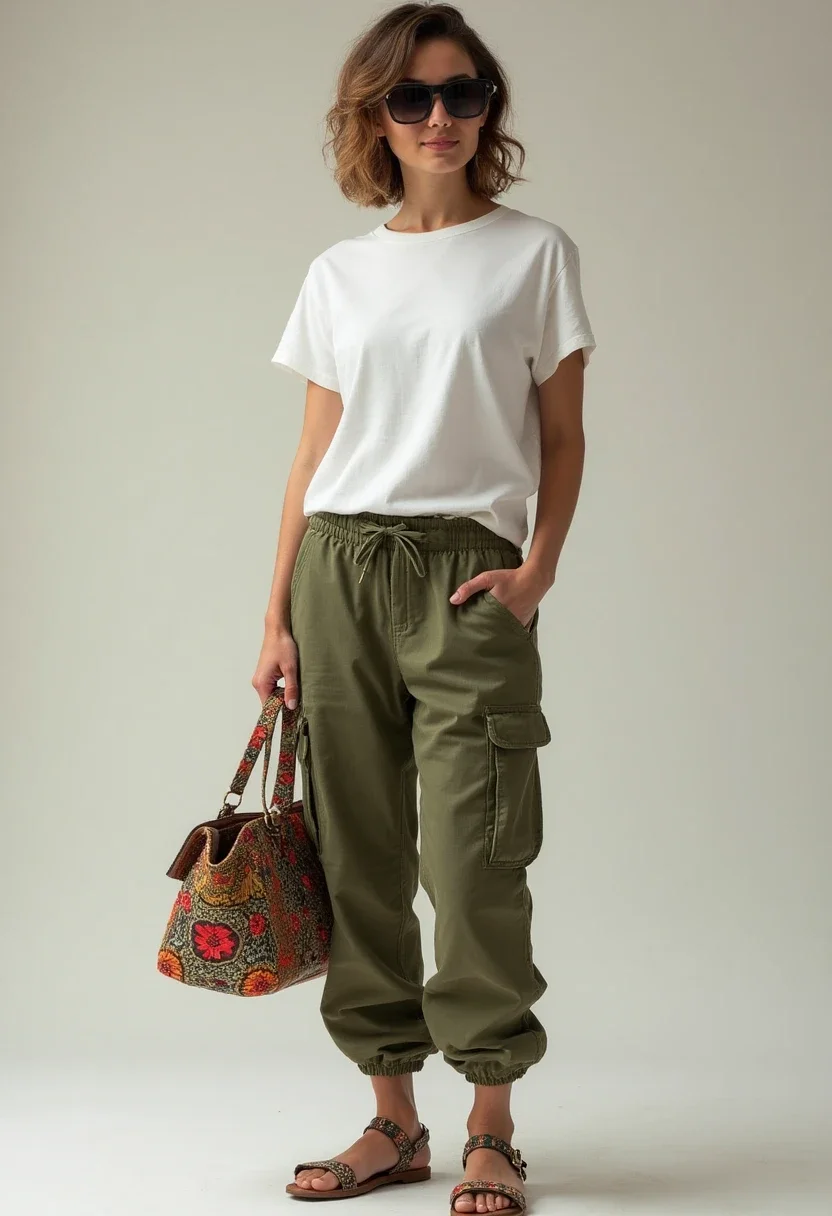 Person in olive cargo pants with a white tee and bold accessories.