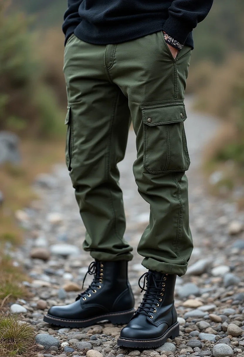 Individual in green cargo pants and a sweater with combat boots.