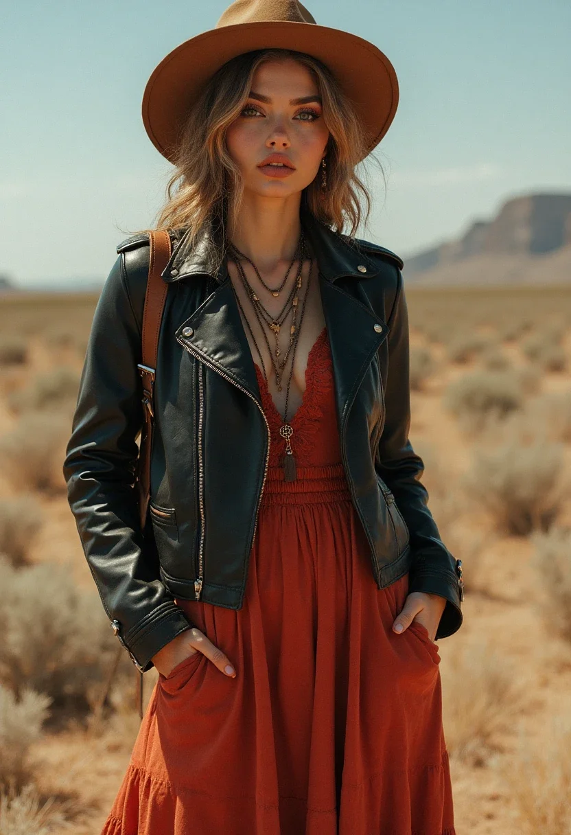 Woman in leather jacket and bohemian maxi dress with hat and necklaces.