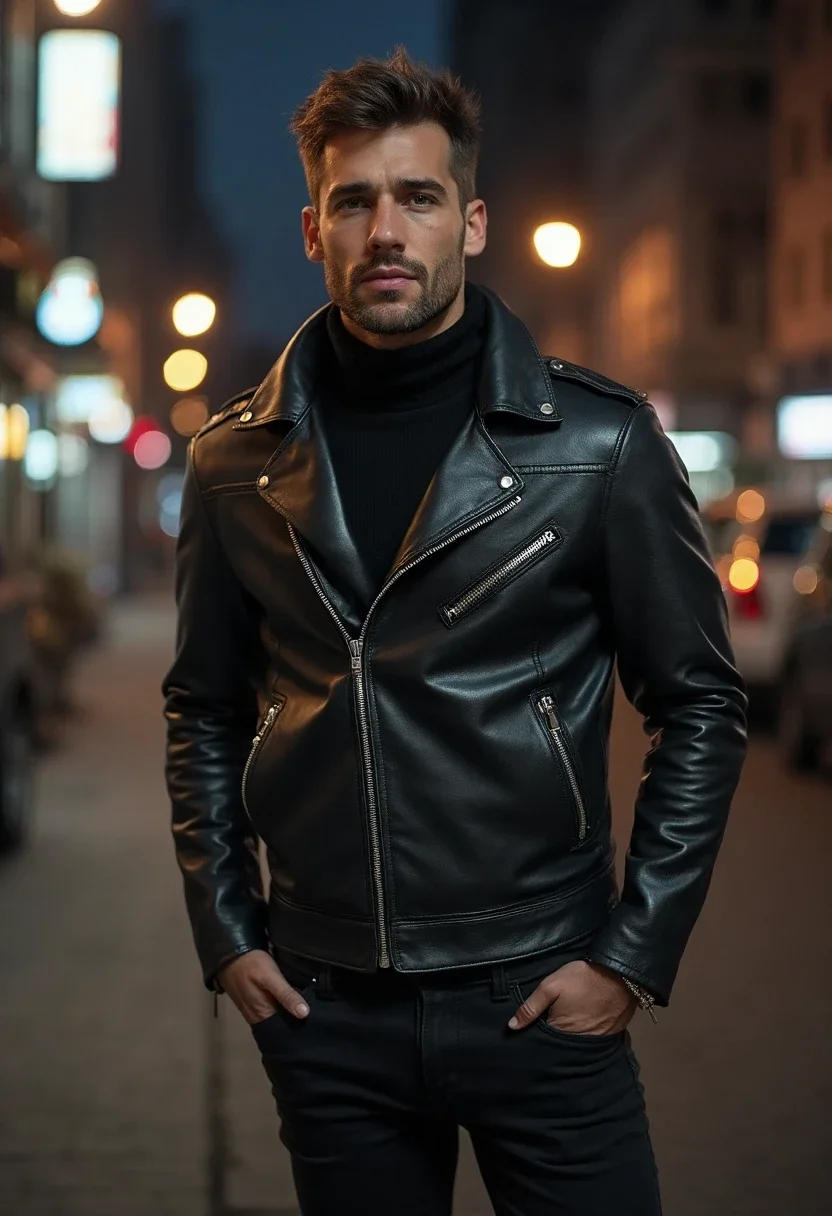 Person in all-black leather jacket outfit in dim urban area.