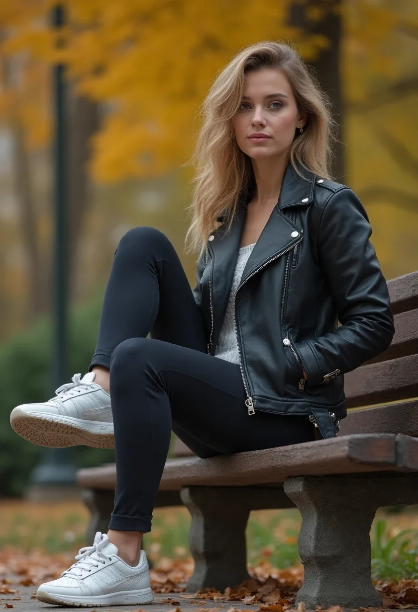 Woman in athleisure outfit with leather jacket sitting on park bench.