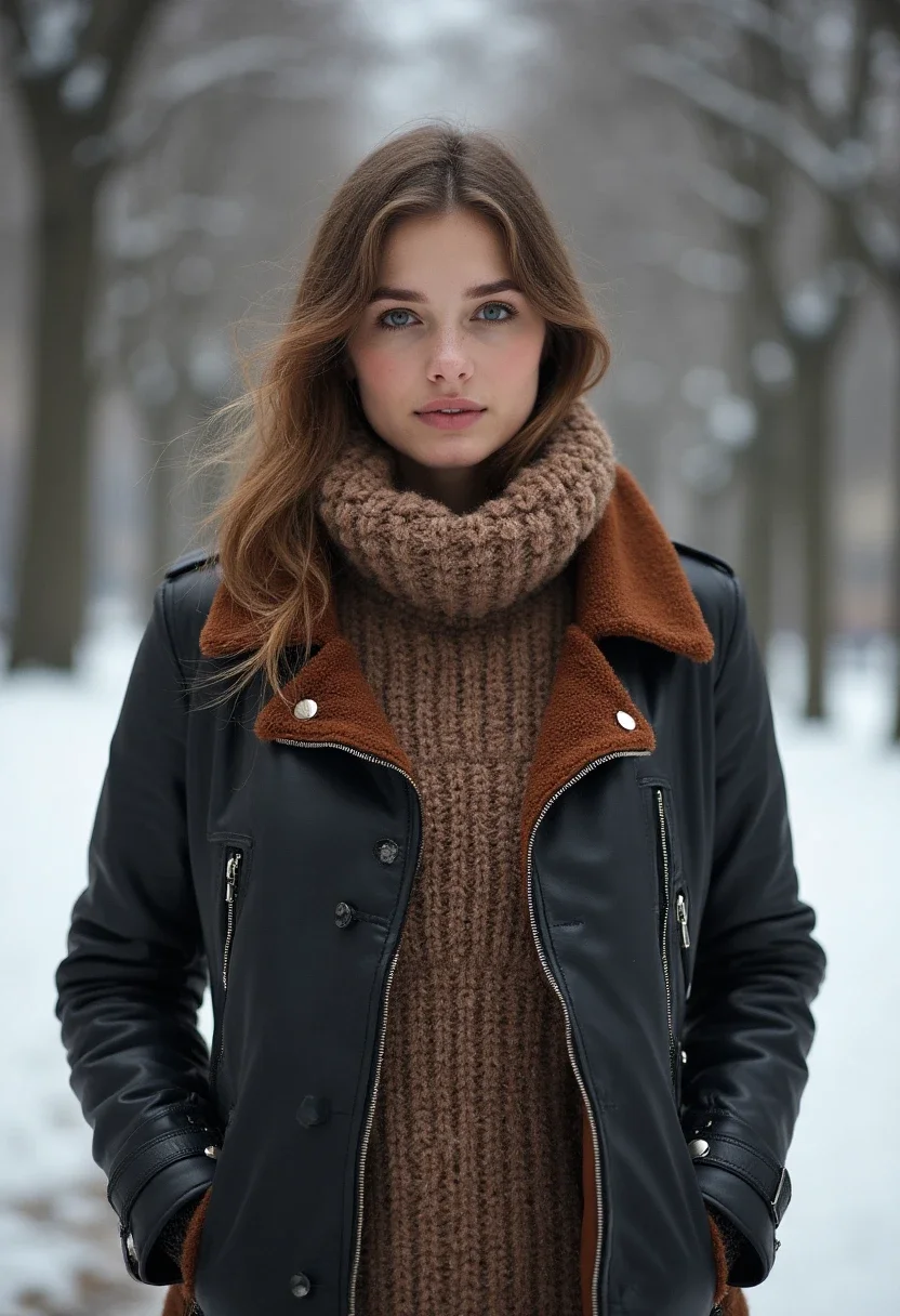 Person in leather jacket and knit sweater in snowy park.