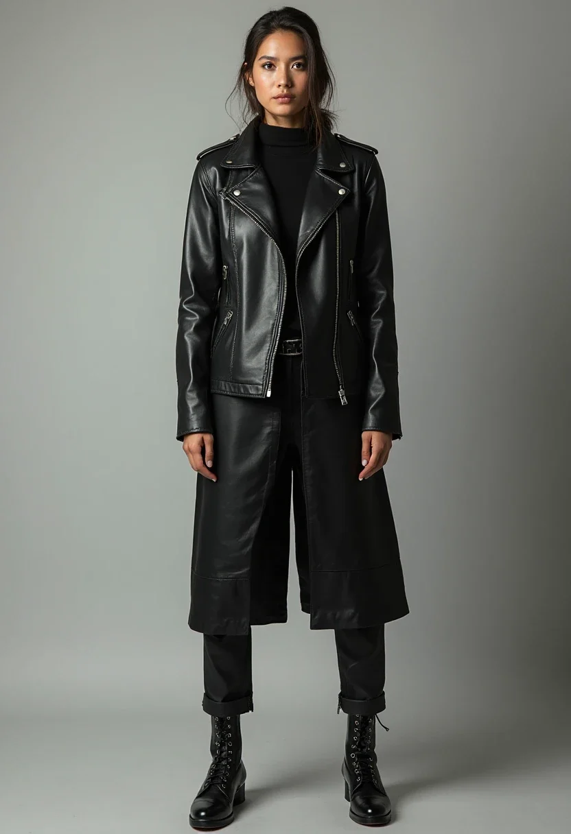 Person in monochrome leather jacket outfit in minimalist setting.