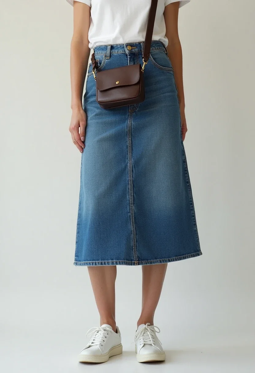 Casual denim skirt outfit with white t-shirt and sneakers.