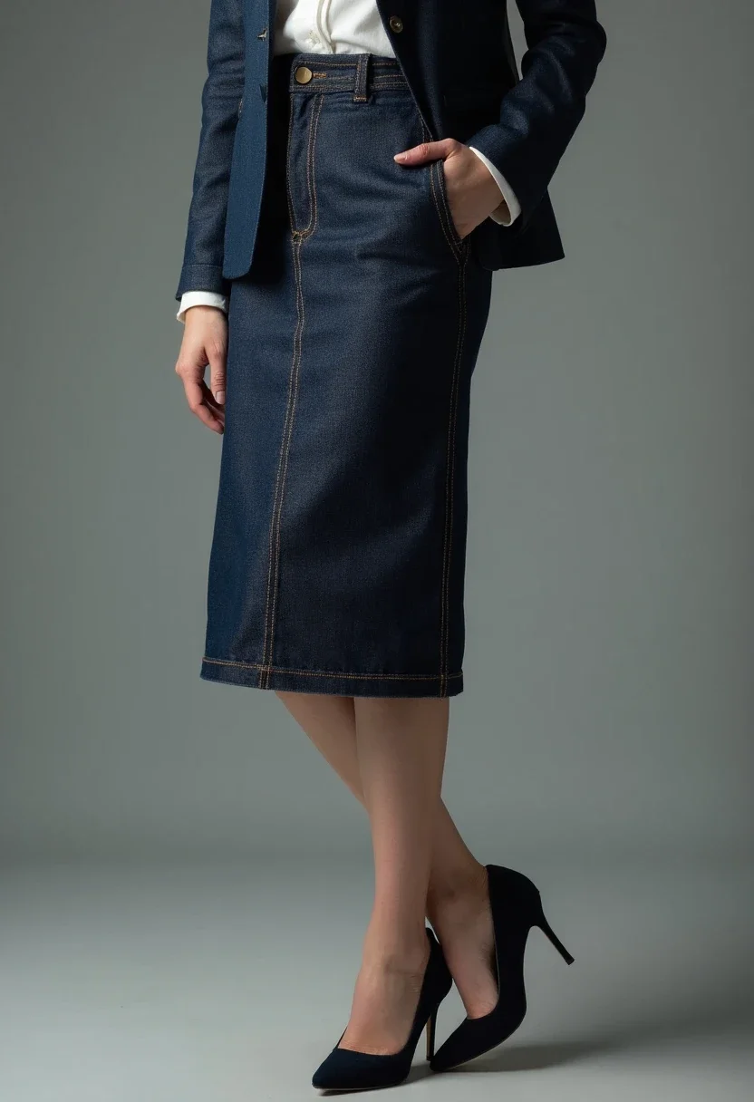 Professional denim skirt outfit with blazer and heels.