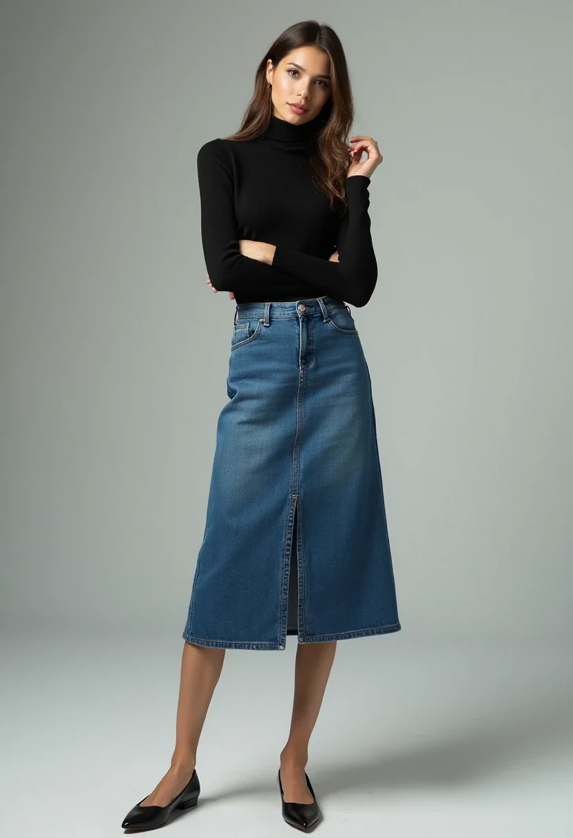 Minimalist denim skirt outfit with turtleneck.