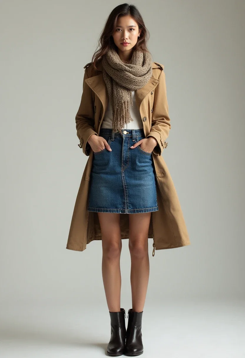 Transitional weather denim skirt outfit with trench coat.