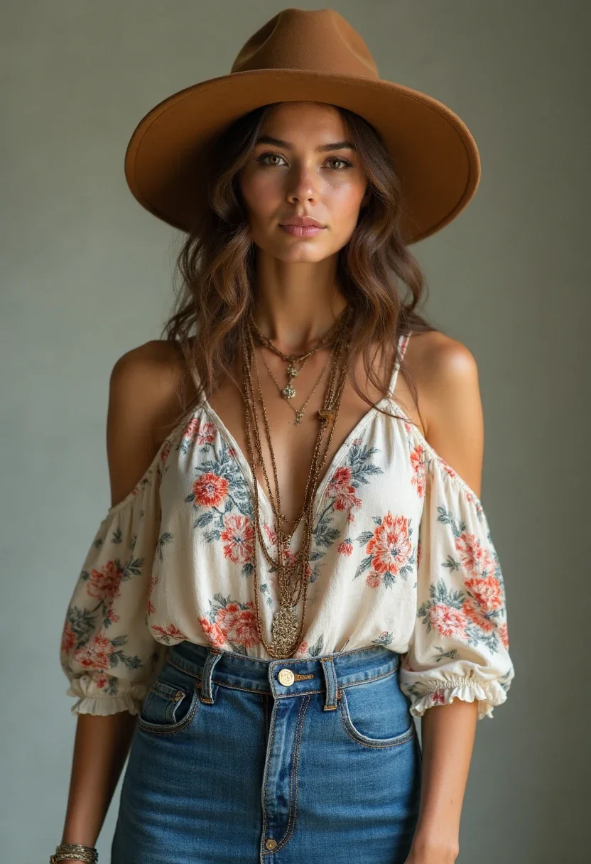 Boho-chic denim skirt outfit with floral top and hat.
