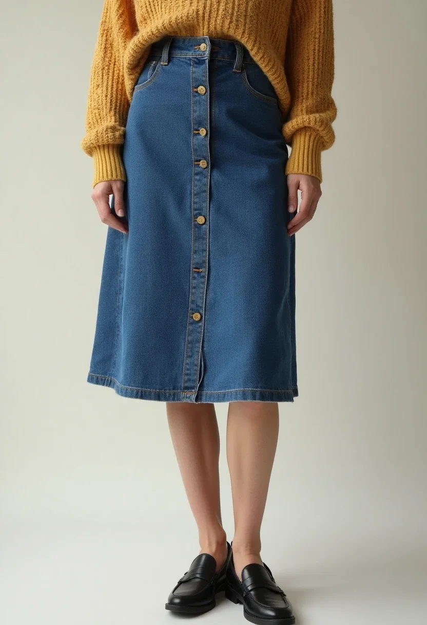 Preppy denim skirt outfit with button-down shirt and loafers.
