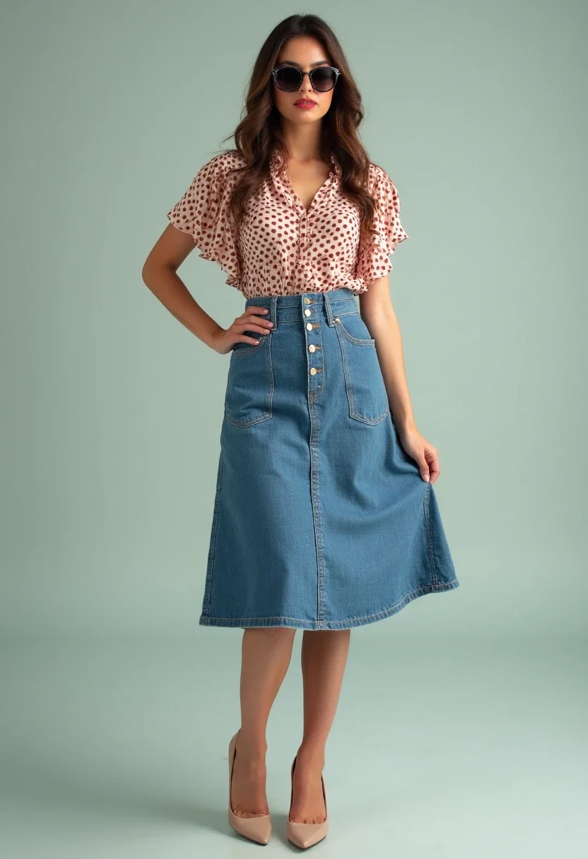 Vintage-inspired denim skirt outfit with polka dot blouse.