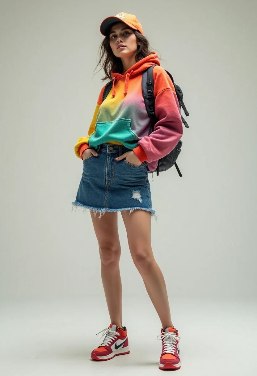 Sporty denim skirt outfit with hoodie and sneakers.