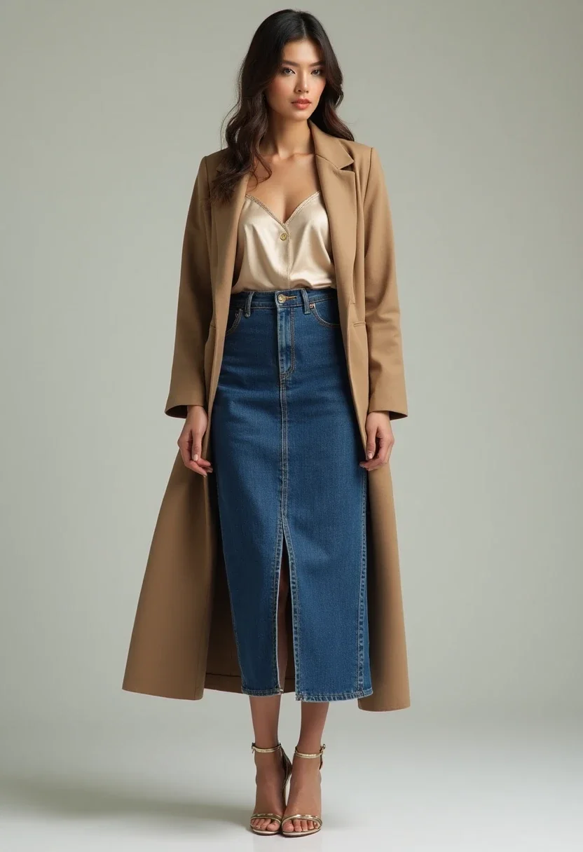 Elegant evening denim skirt outfit with silk camisole.
