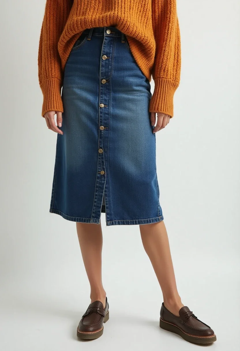 Relaxed weekend denim skirt outfit with oversized sweater.