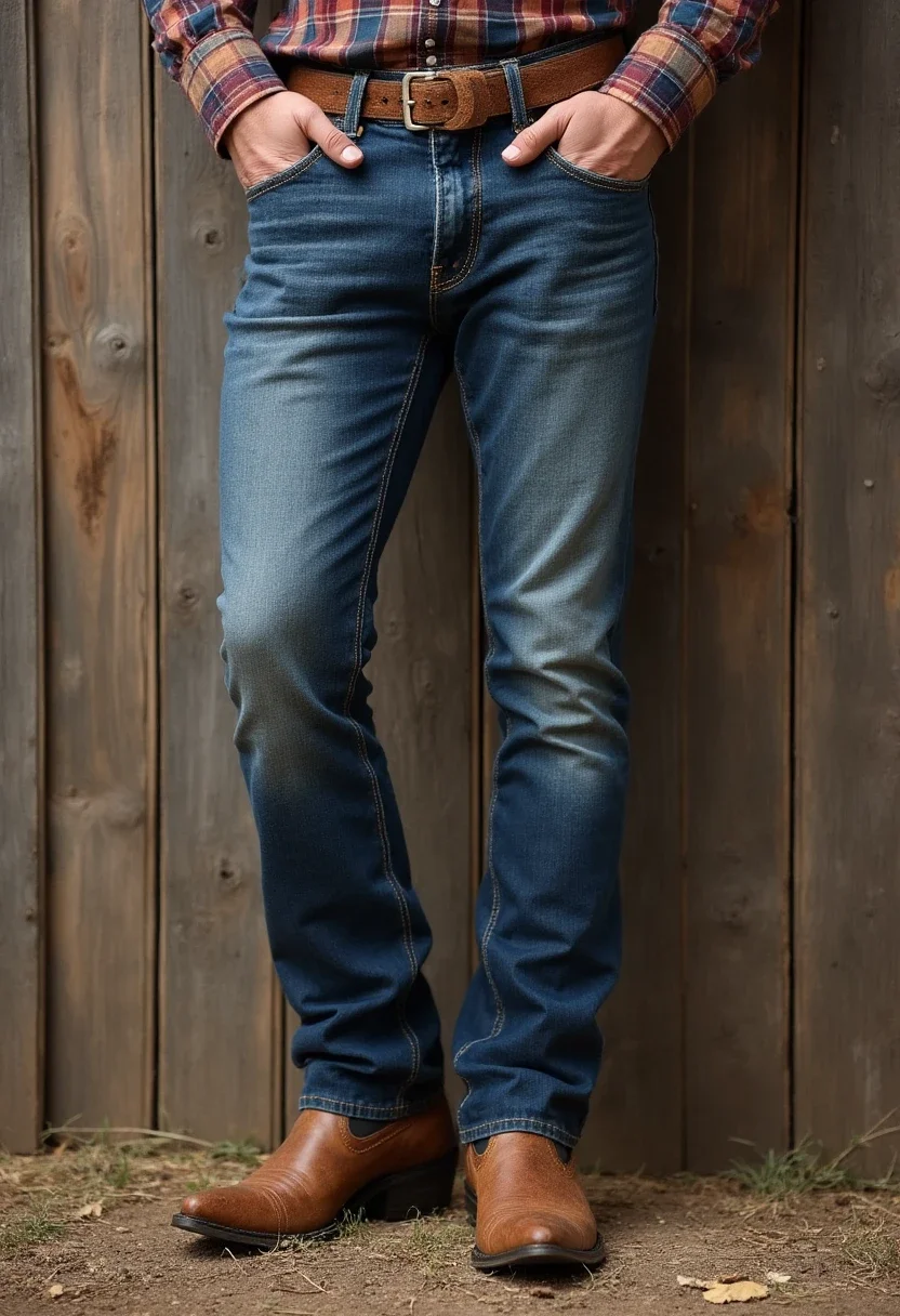 Person in jeans and cowboy boots by a wooden fence.