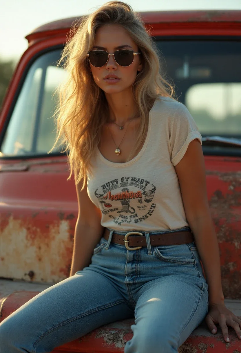 Person in vintage-inspired outfit on a vintage truck.