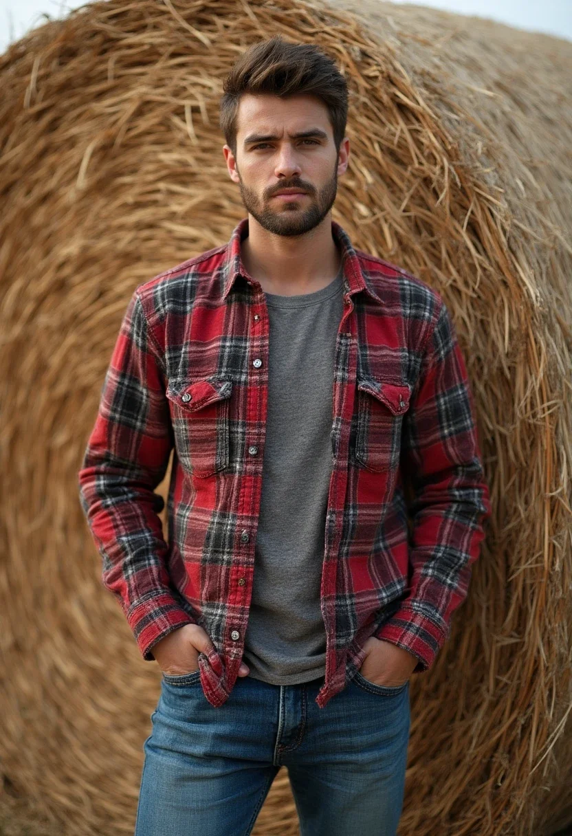 Person in plaid shirt and jeans by a haystack.
