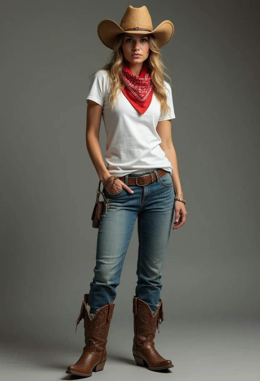 Person in a white tee, jeans, and bandana at a concert.