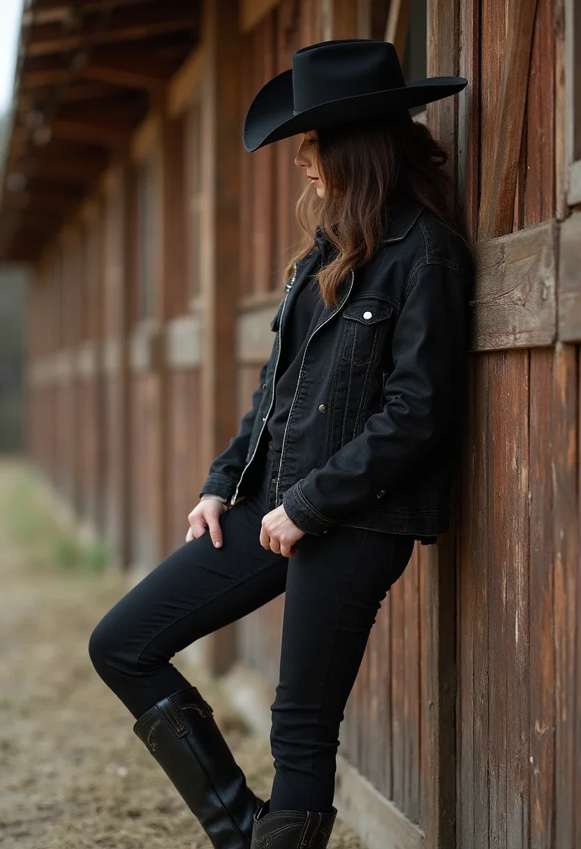 Person in all-black outfit with country accents by a barn.