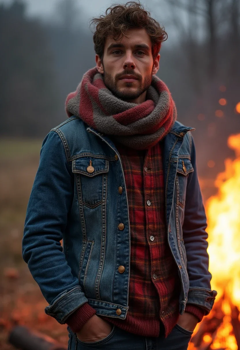 Person in layered outfit for cooler weather by a fire pit.