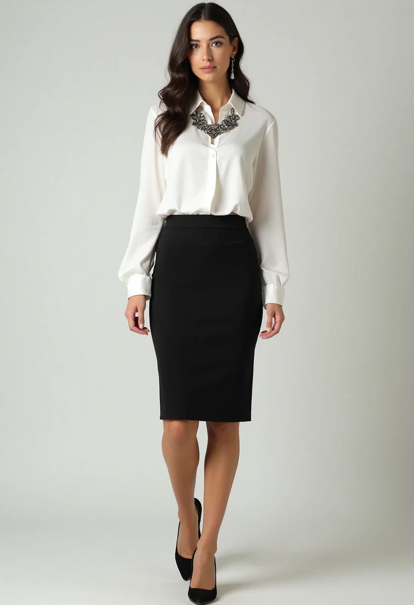 Woman in white blouse and black pencil skirt with accessories.