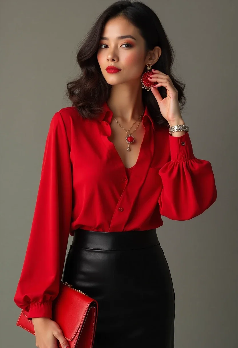 Woman in a bold red top with a black skirt and matching accessories.