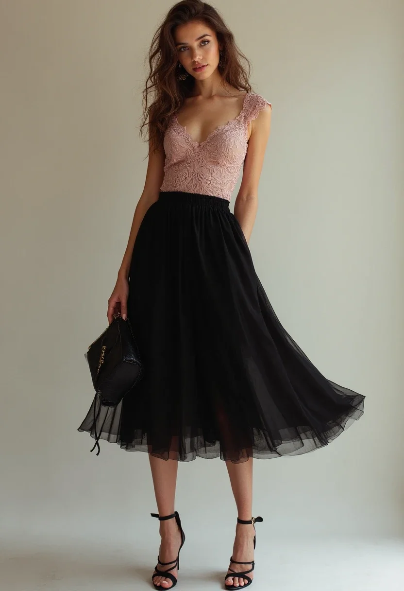 Romantic date night outfit with black skirt and blush lace top.