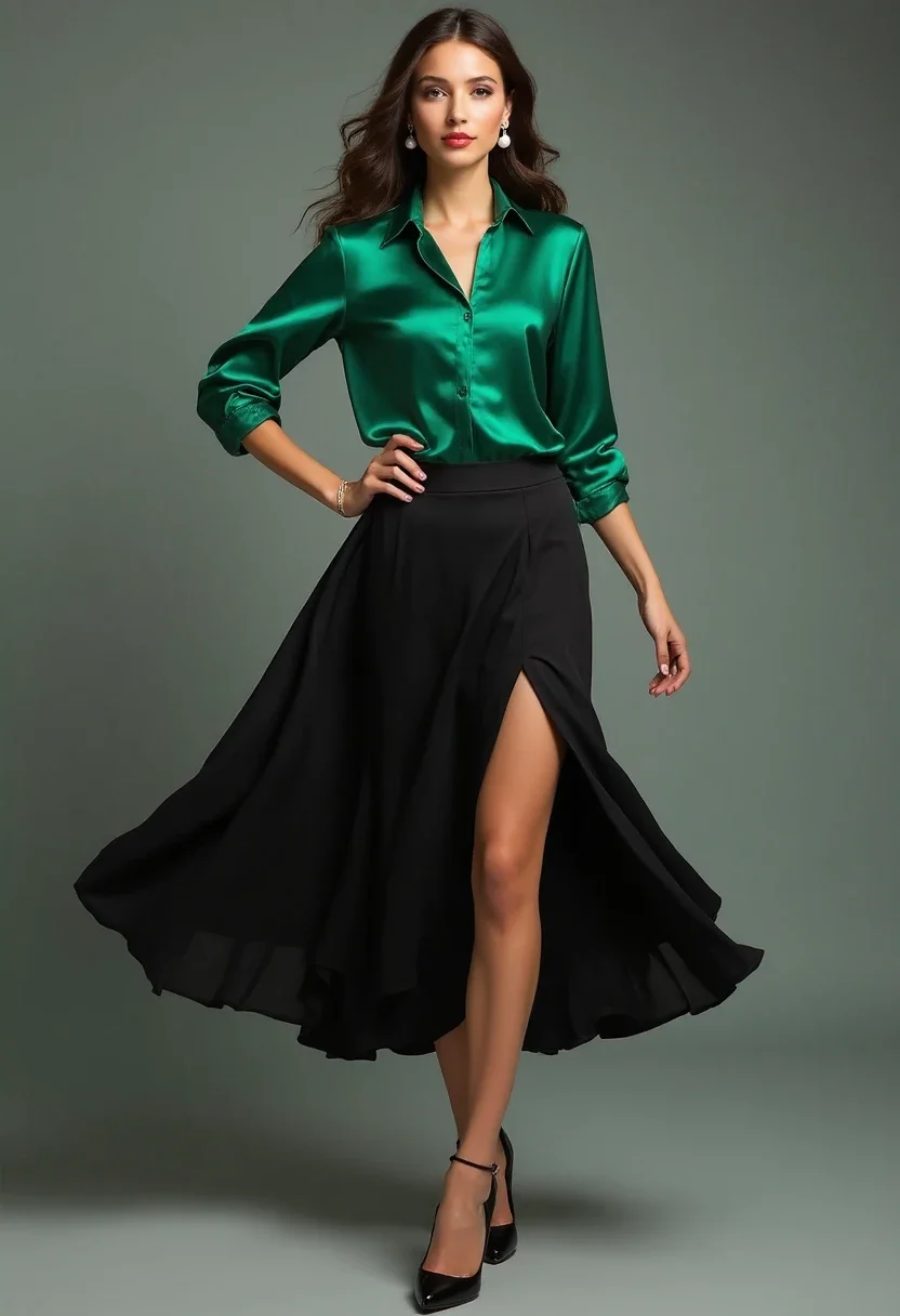 Elegant outfit with black skirt and emerald silk blouse.