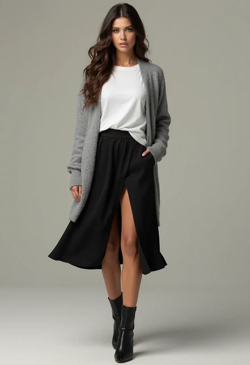 Layered outfit with a black skirt, white tee, and grey cardigan.