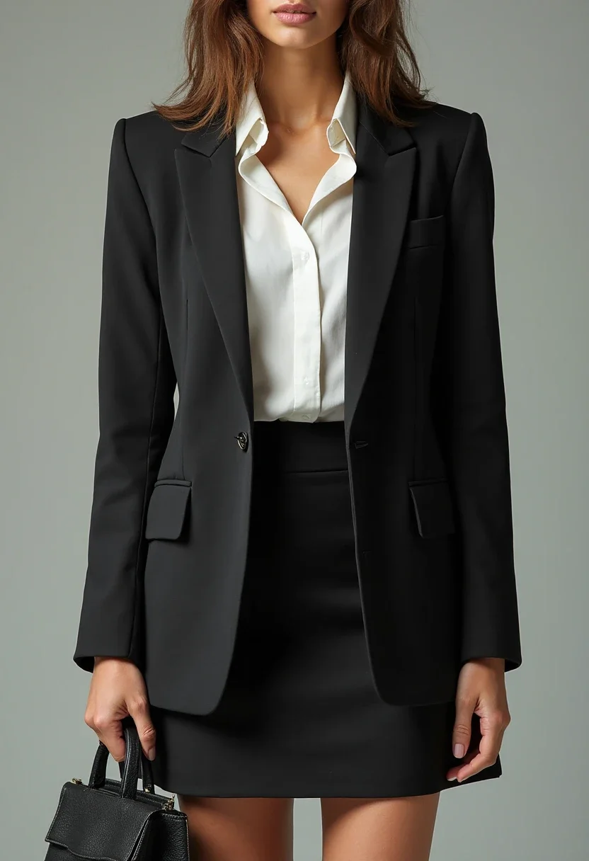 Professional outfit with a black skirt, white blouse, and black blazer.
