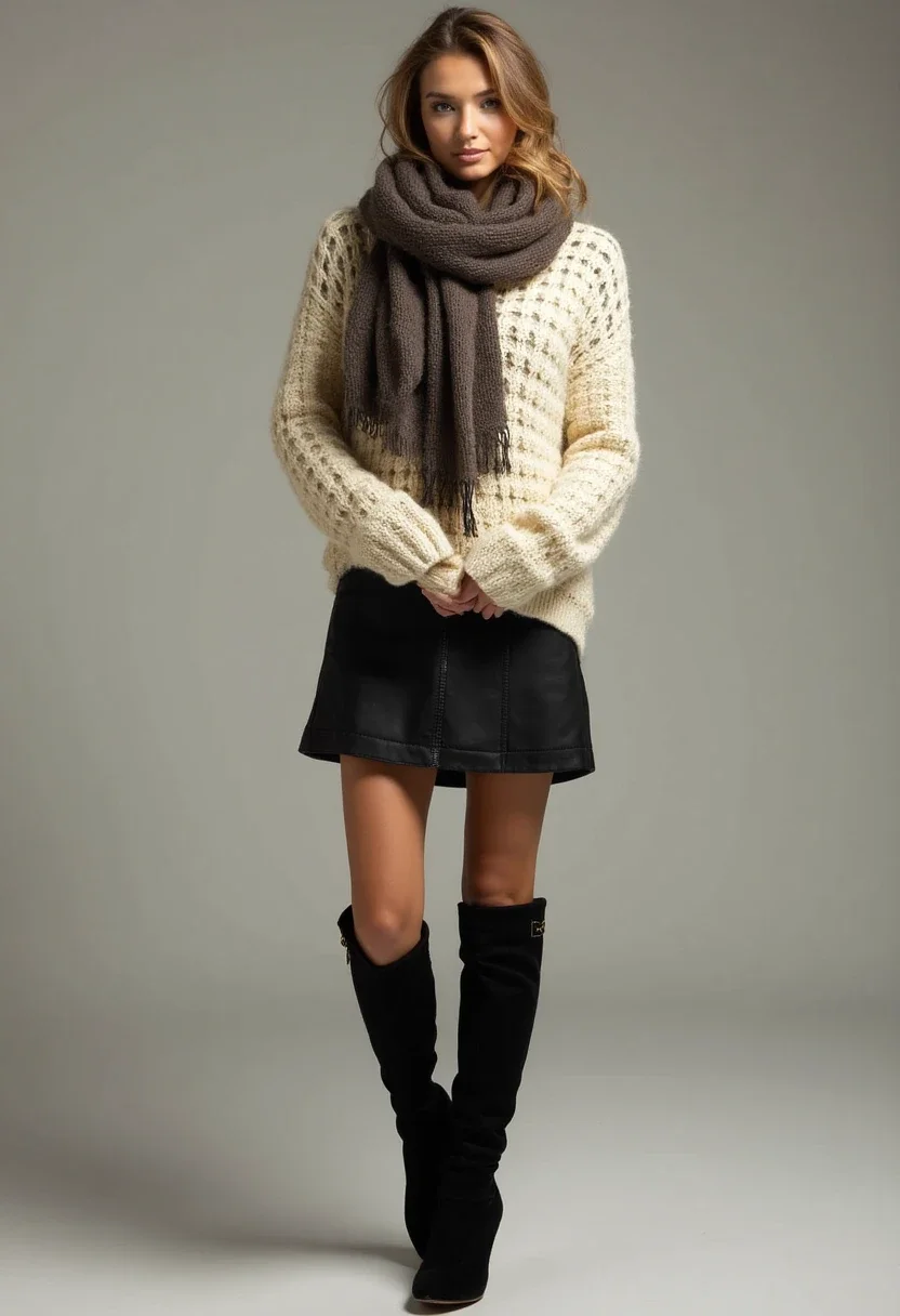 Winter outfit with black skirt, cream sweater, and knee-high boots.