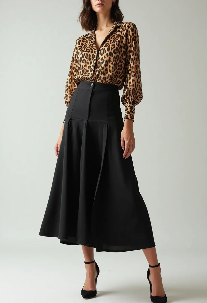 Black skirt with leopard print blouse and black heels.