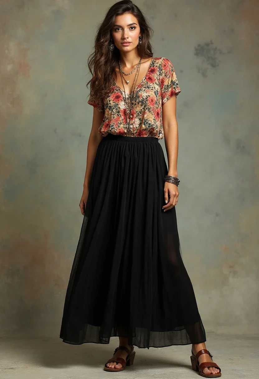 Bohemian outfit with black maxi skirt and flowy floral top.