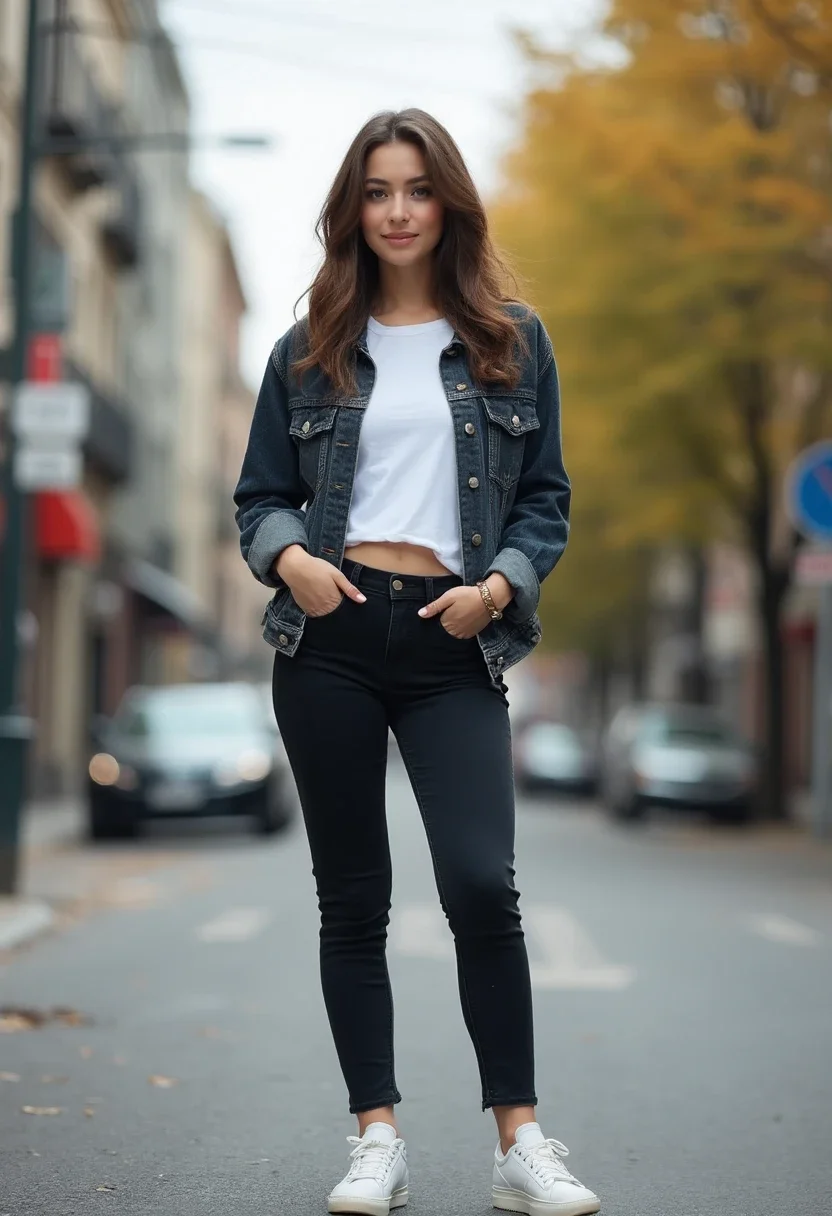 Woman in black jeans with a white t-shirt and denim jacket.