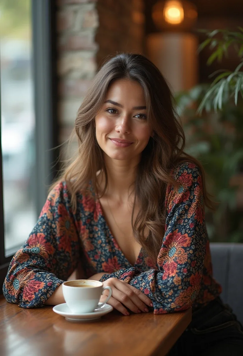 Brunch outfit with black jeans and a floral blouse.