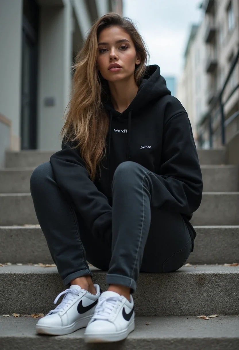 Athleisure outfit with black jeans and hoodie.