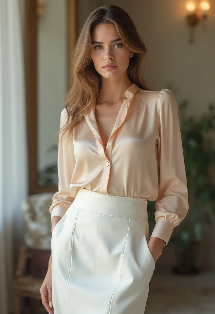 Model in white skirt and silk blouse in an office.