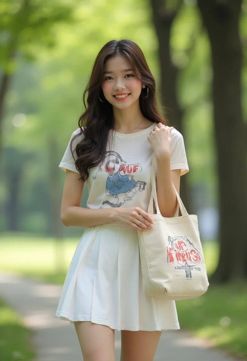 Young woman in white skirt and graphic tee in a park.