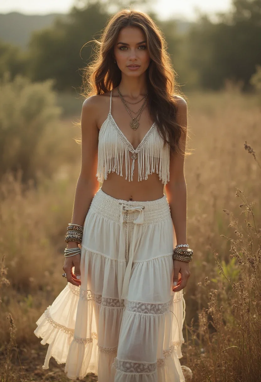 Woman in bohemian white skirt and fringe top with accessories.