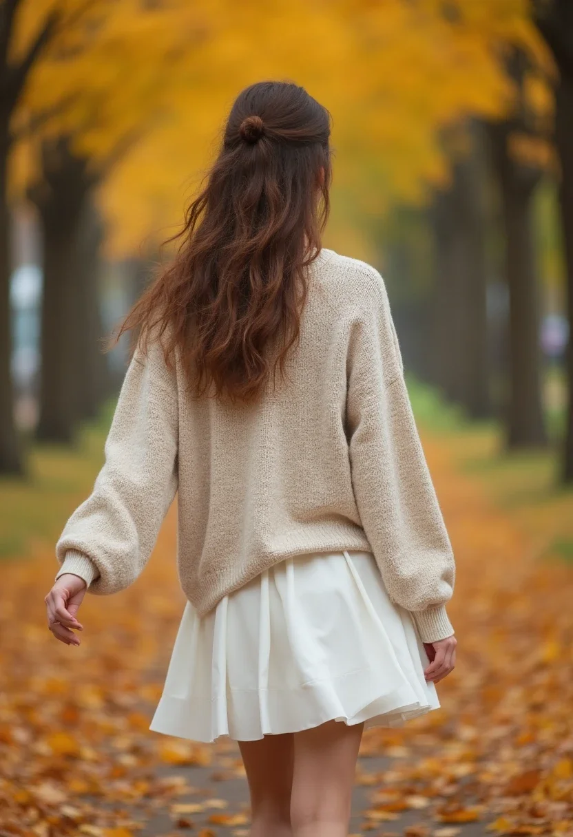 Woman in white skirt and oversized sweater in autumn park.