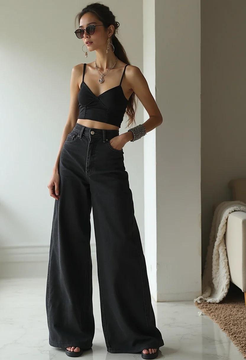 Monochrome outfit with wide leg jeans and matching top.