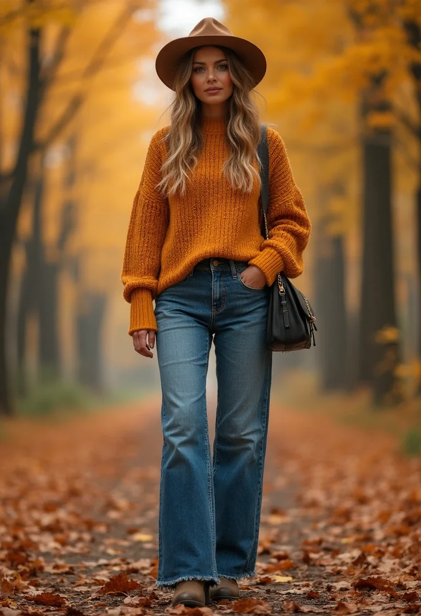Autumn outfit with wide leg jeans and oversized sweater with boots.