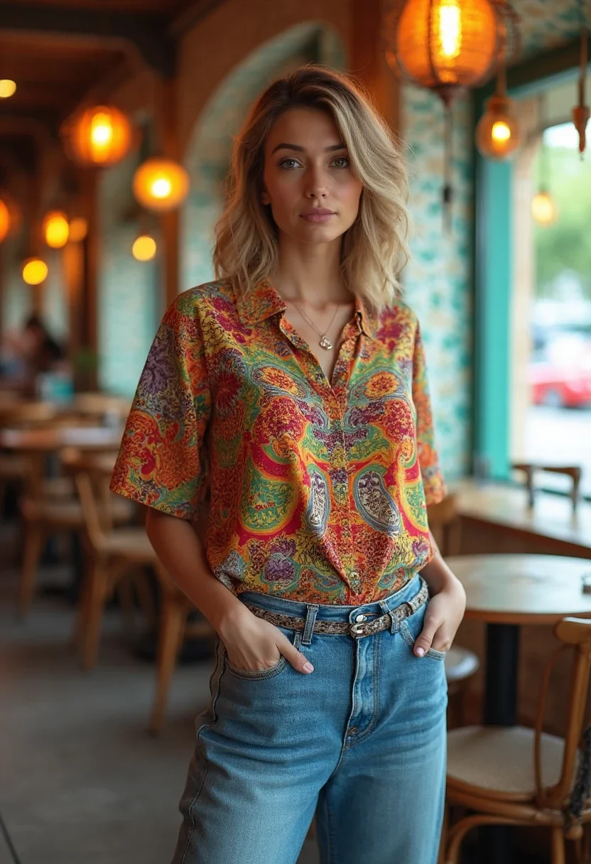 Outfit with wide leg jeans and colorful printed blouse.