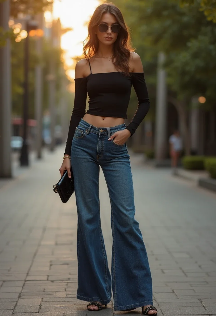 Evening outfit with wide leg jeans and off-shoulder top.